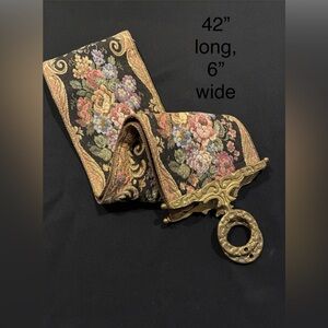 Vintage Floral Antique Tapestry and Brass Bell Pull Hanging Wall Art